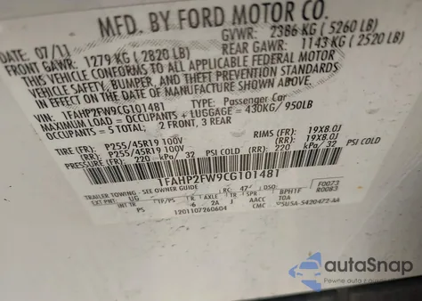 2012 Ford Taurus Limited from USA, damaged, VIN 1FAHP2FW9CG101481